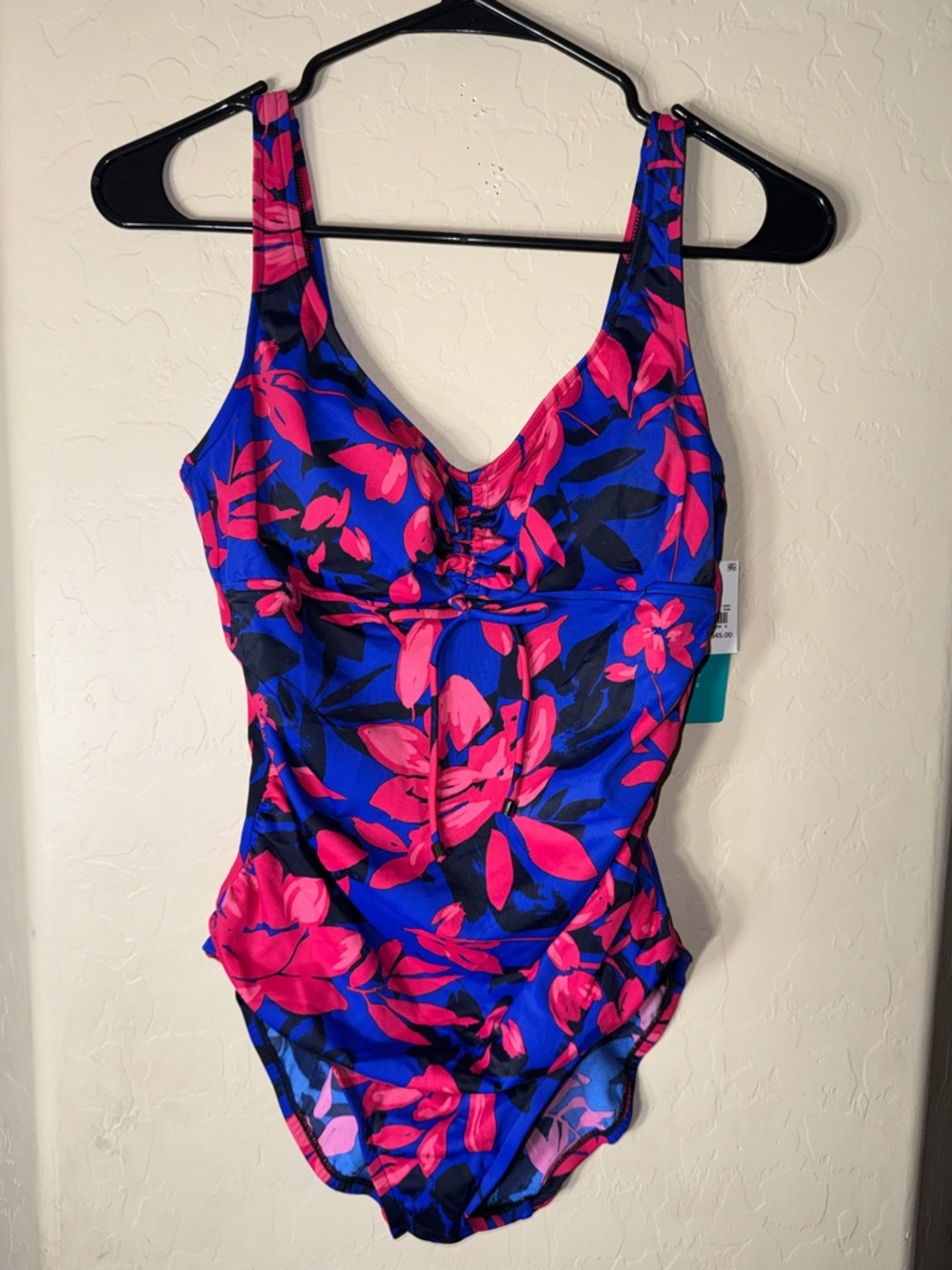 Aqua Green Floral One Piece Swimsuit Blue Pink Ruched Tie Front  Vacation Medium